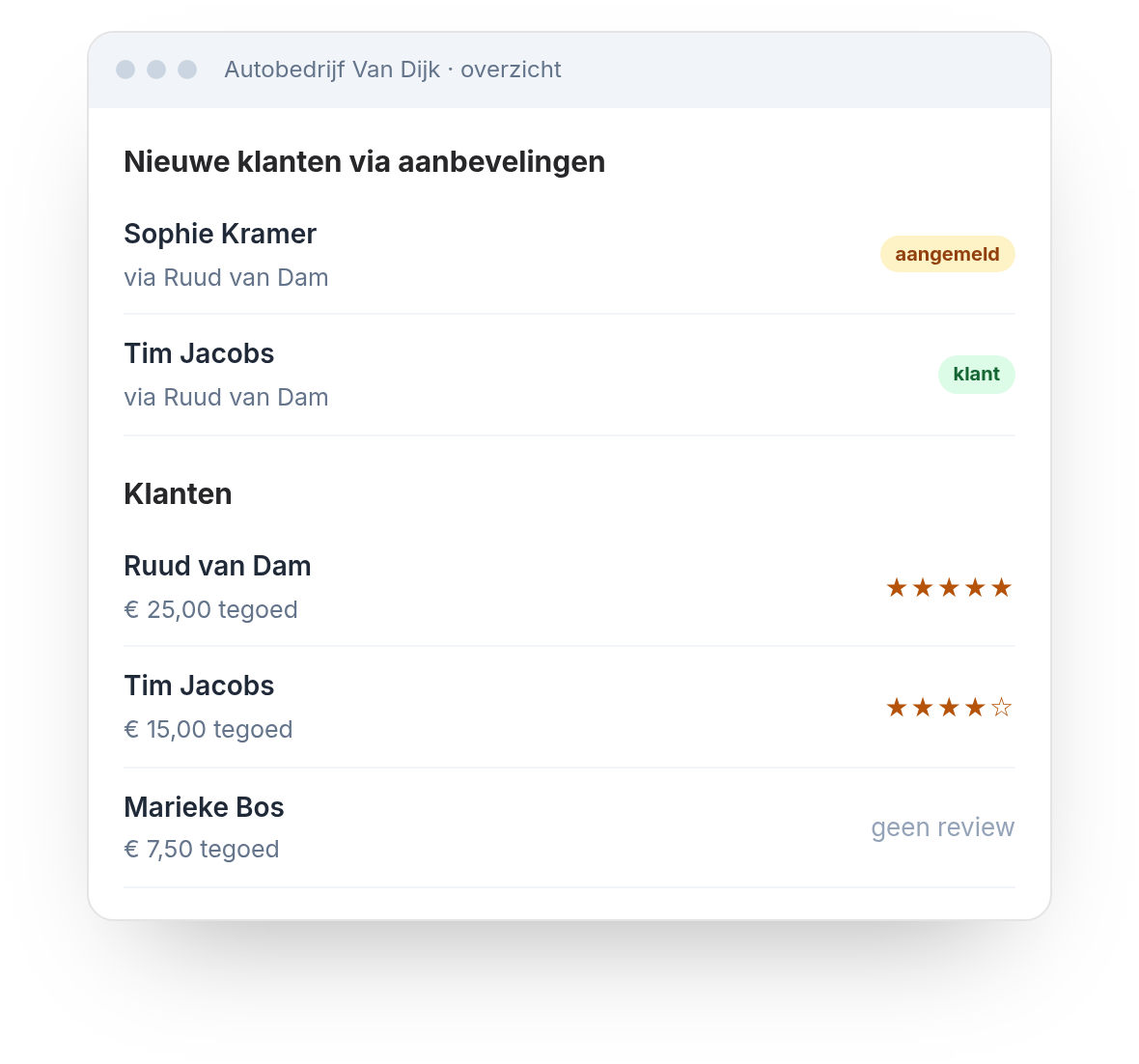 Voorbeeld: het overzicht van Autobedrijf Van Dijk, met de nieuwe klanten via aanbevelingen en de klantenlijst met tegoed en Google-reviews