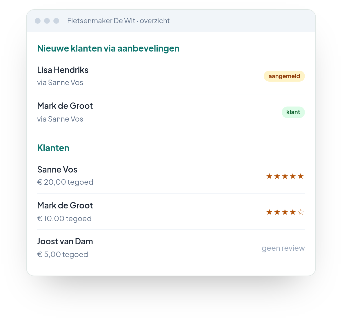 Voorbeeld: het overzicht van Fietsenmaker De Wit, met de nieuwe klanten via aanbevelingen en de klantenlijst met tegoed en Google-reviews