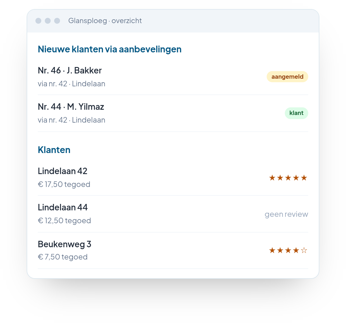 Voorbeeld: het overzicht van Glansploeg, met de nieuwe klanten via aanbevelingen en de klantenlijst met tegoed en Google-reviews