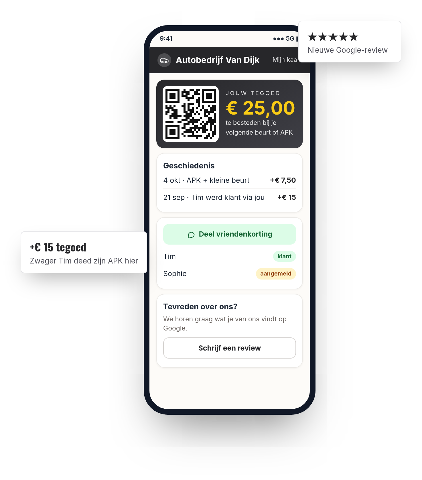 Voorbeeld: de klantenkaart van Autobedrijf Van Dijk op een telefoon, met de meldingen +€ 15 tegoed (Zwager Tim deed zijn APK hier) en Nieuwe Google-review (5 sterren)